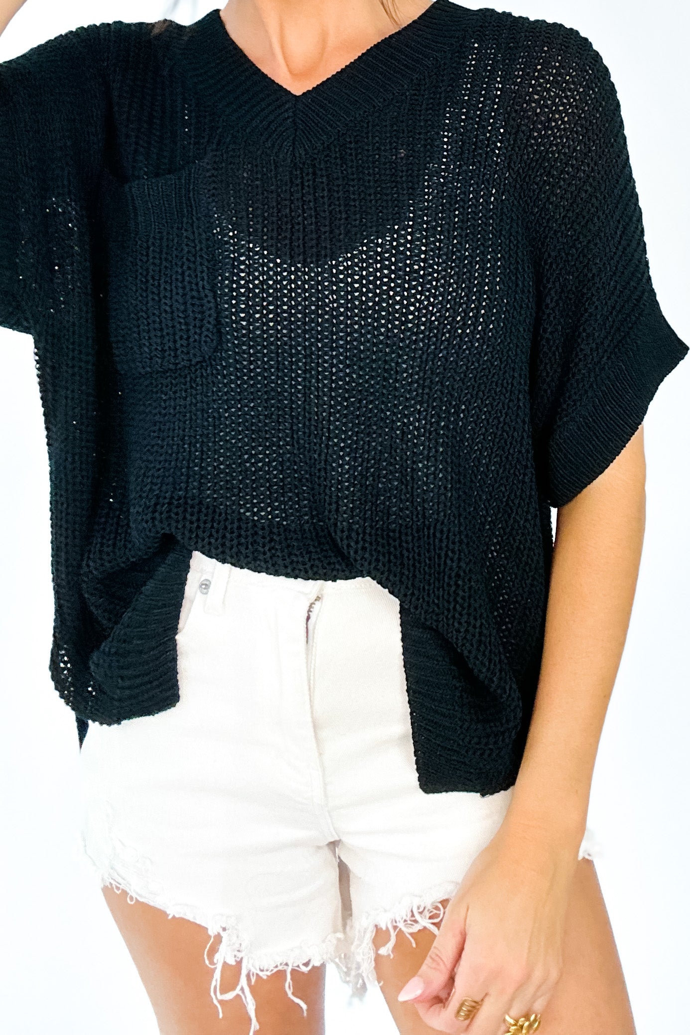 FOR KEEPS SWEATER KNIT SHORT SLEEVE TOP IN BLACK