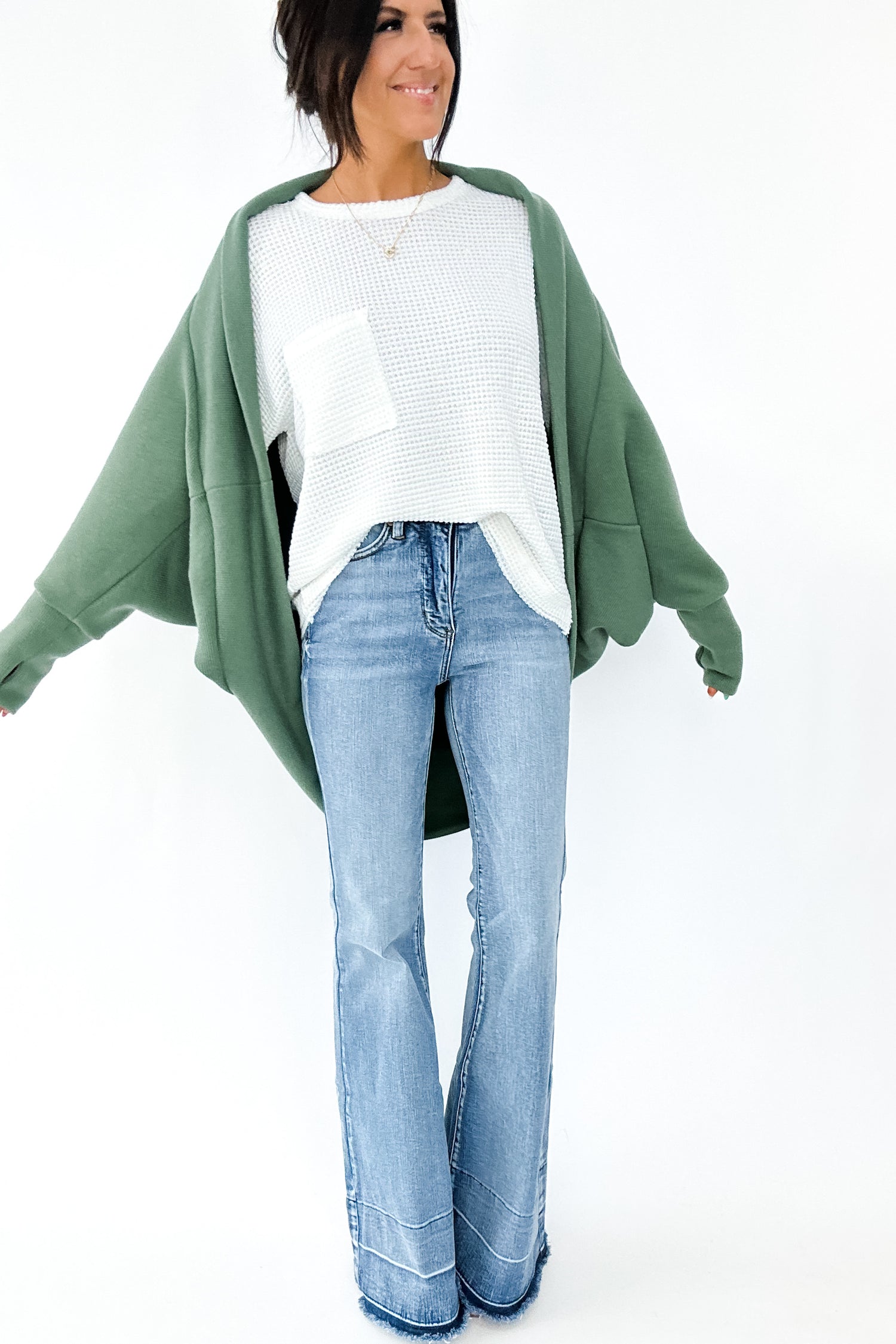 STILL STANDING DOLMAN CARDIGAN IN GREEN