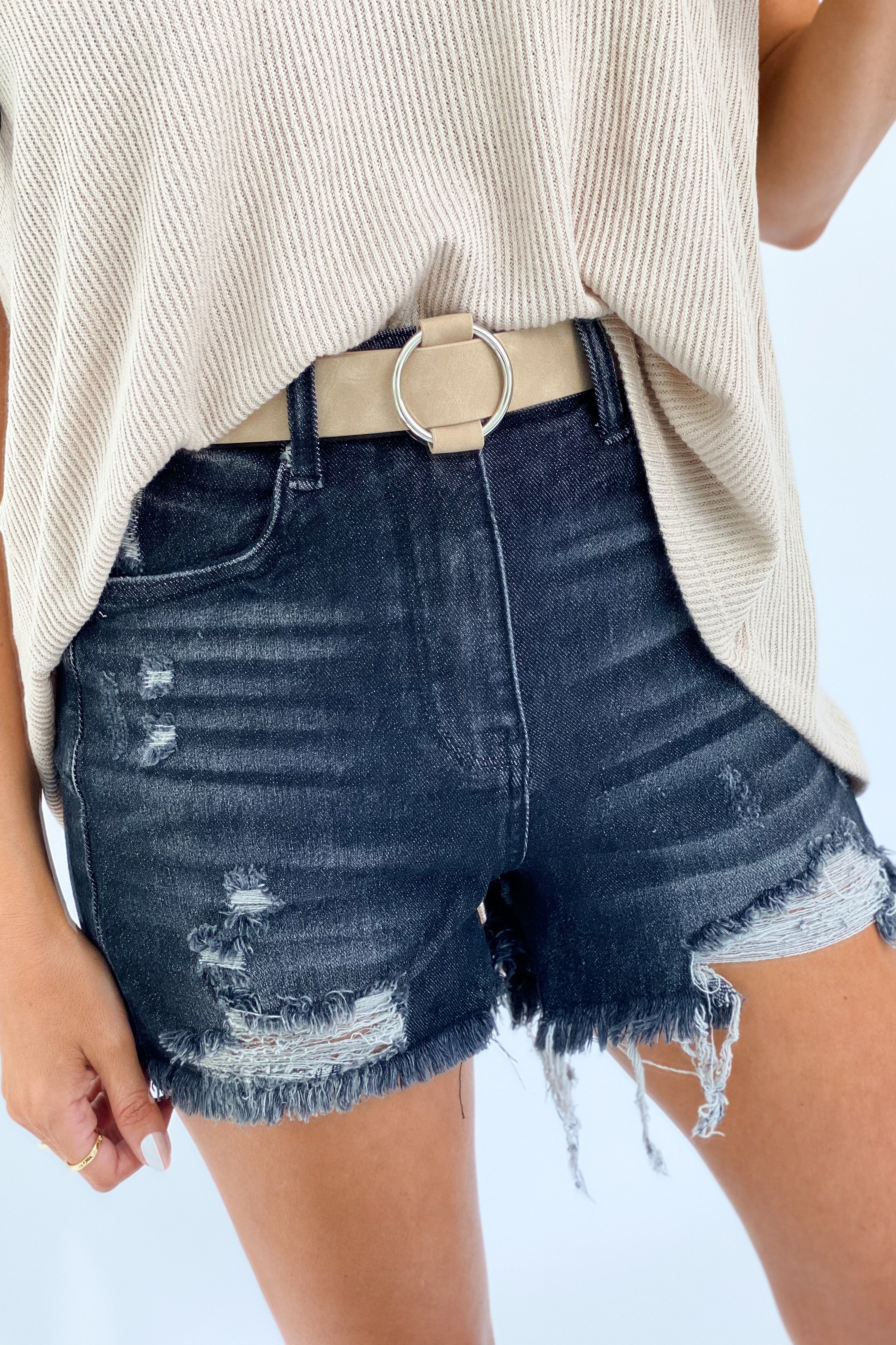 ABBY HIGH RISE DISTRESSED SHORTS BY RISEN IN BLACK - FINAL SALE