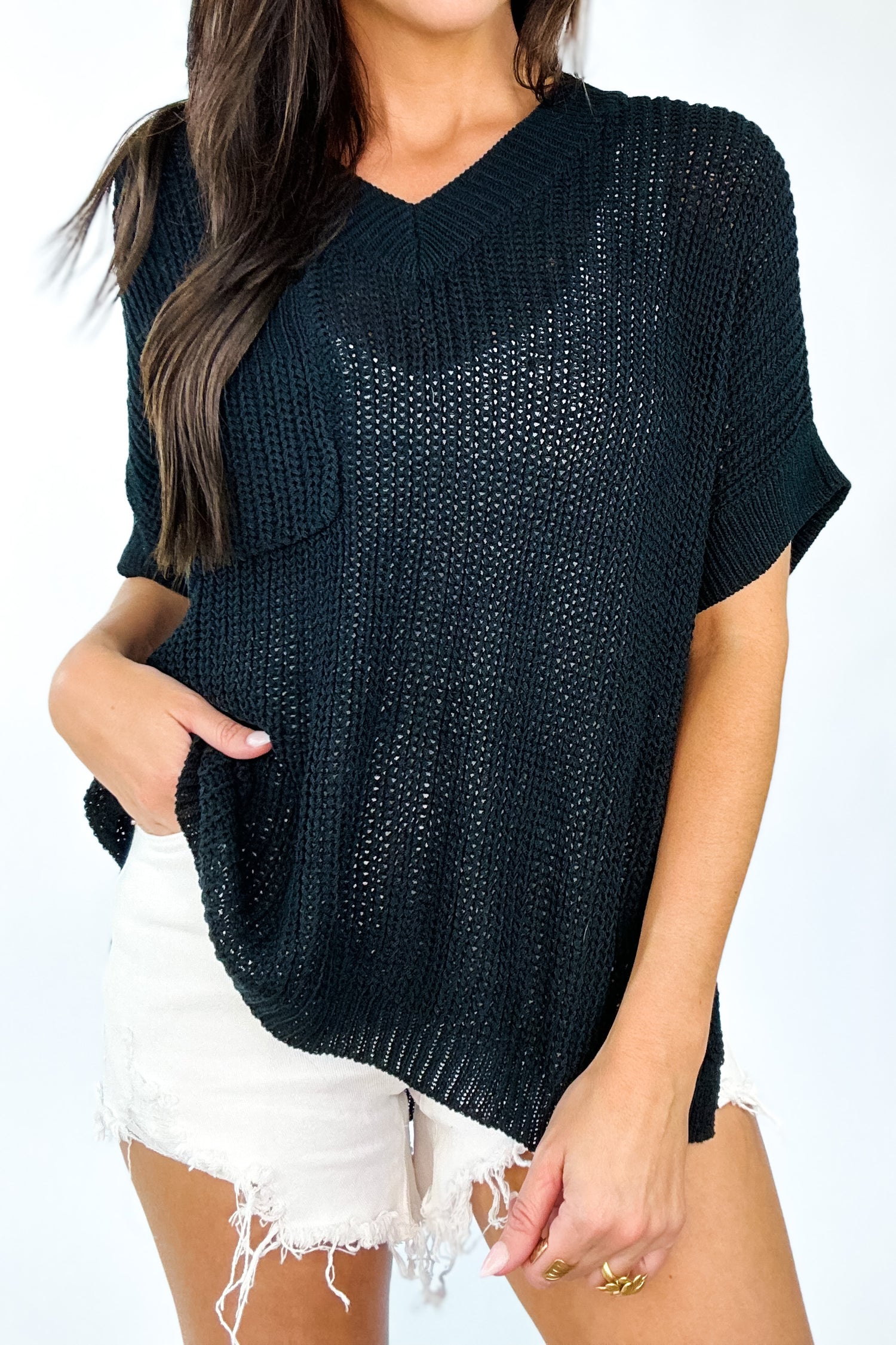 FOR KEEPS SWEATER KNIT SHORT SLEEVE TOP IN BLACK