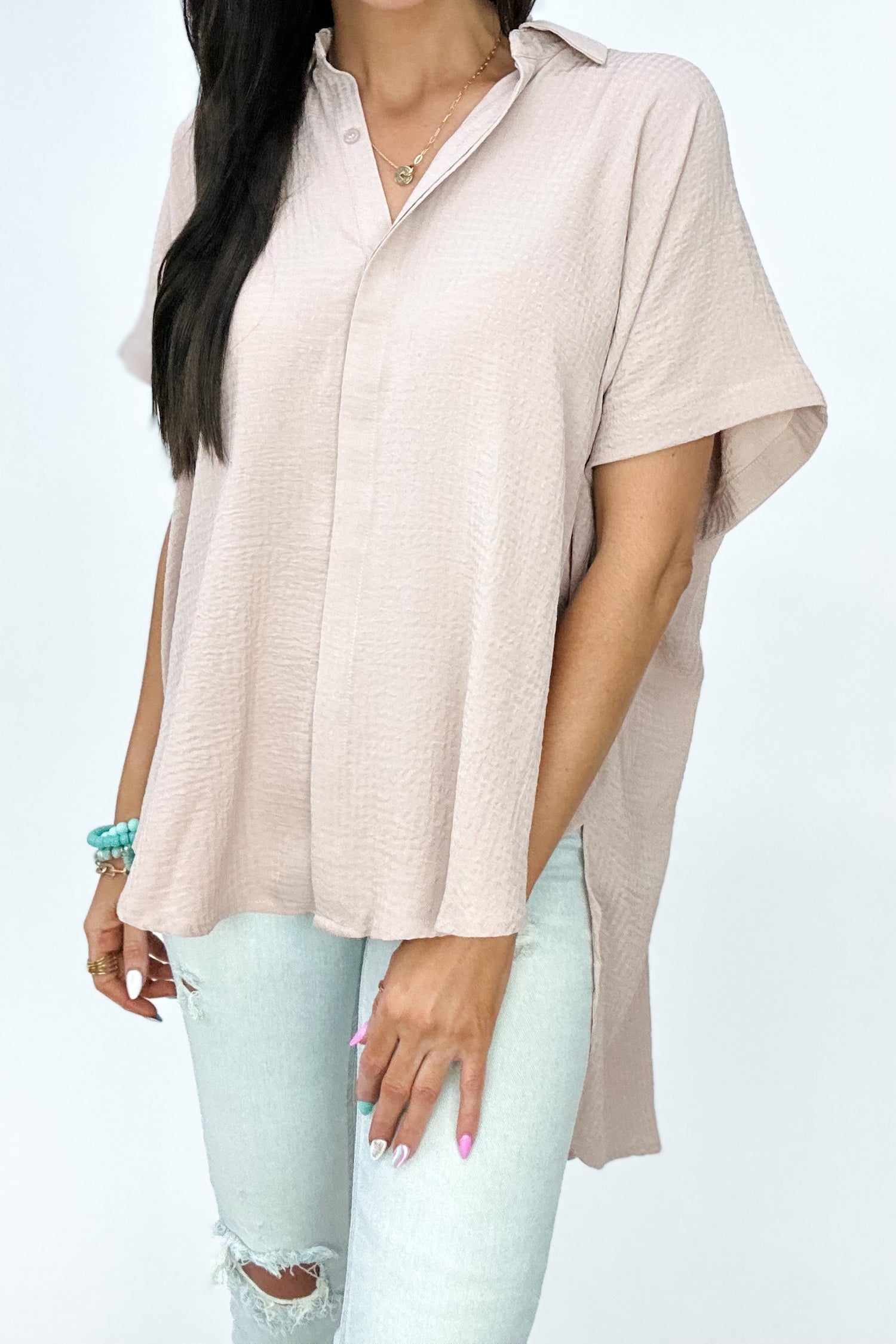 MARGO OVERSIZED SHORT SLEEVE BUTTON UP IN SAND