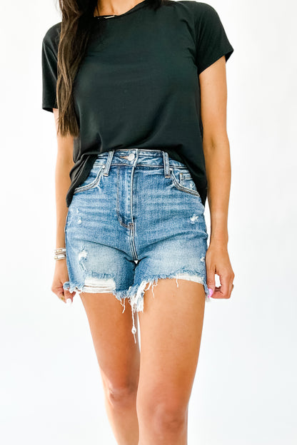 ABBY HIGH RISE DISTRESSED SHORTS BY RISEN IN MEDIUM