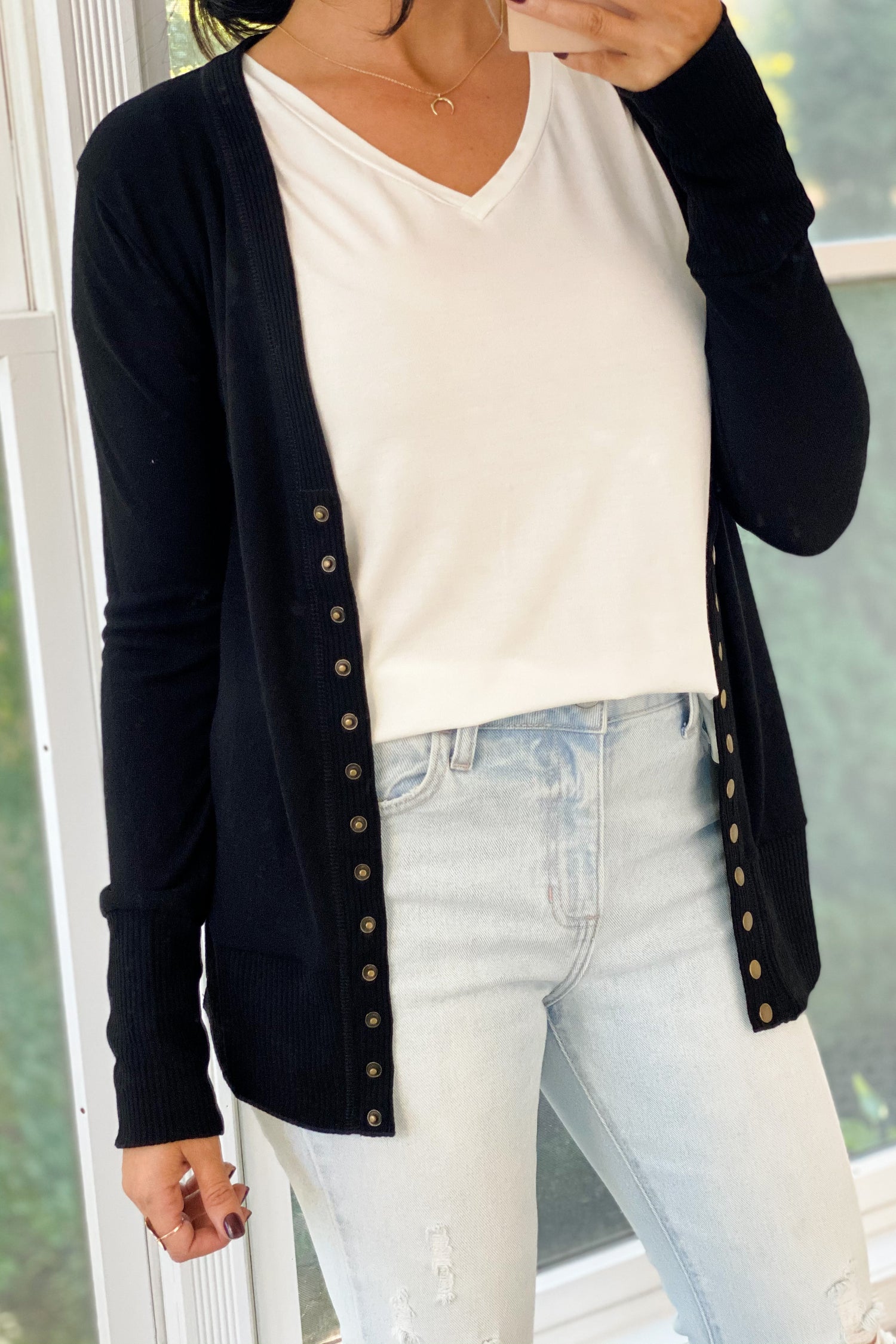 THE CLASSIC SNAP BUTTON CARDIGAN IN BLACK