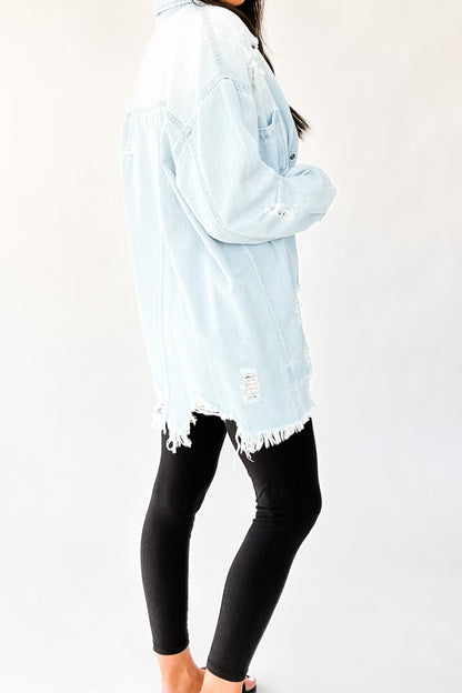 PERFECT TIMING DISTRESSED DENIM SHIRT JACKET IN LIGHTWASH