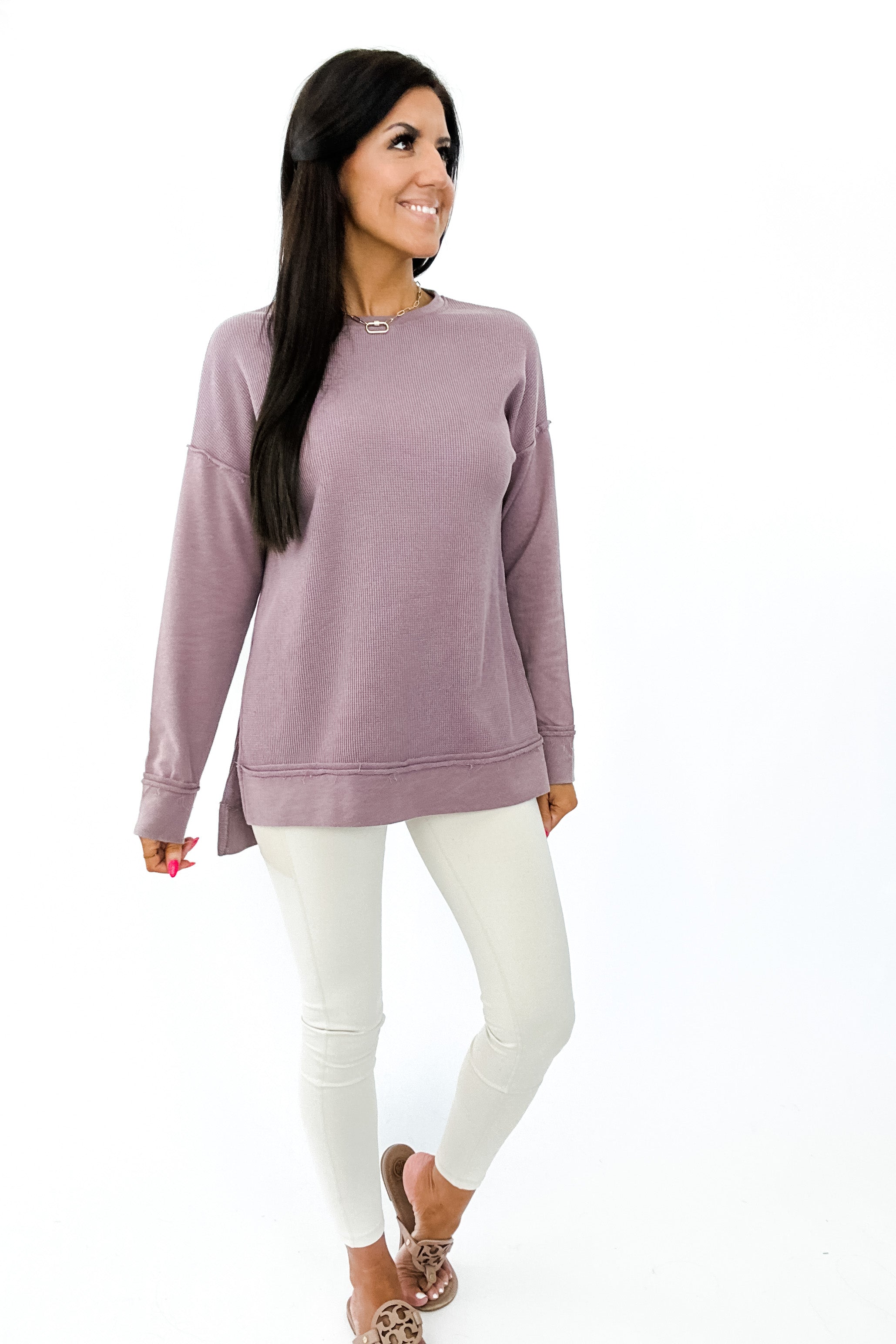 WAIT AND SEE WAFFLE PULLOVER IN MAUVE - FINAL SALE