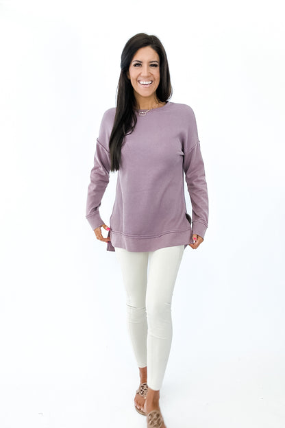 WAIT AND SEE WAFFLE PULLOVER IN MAUVE - FINAL SALE