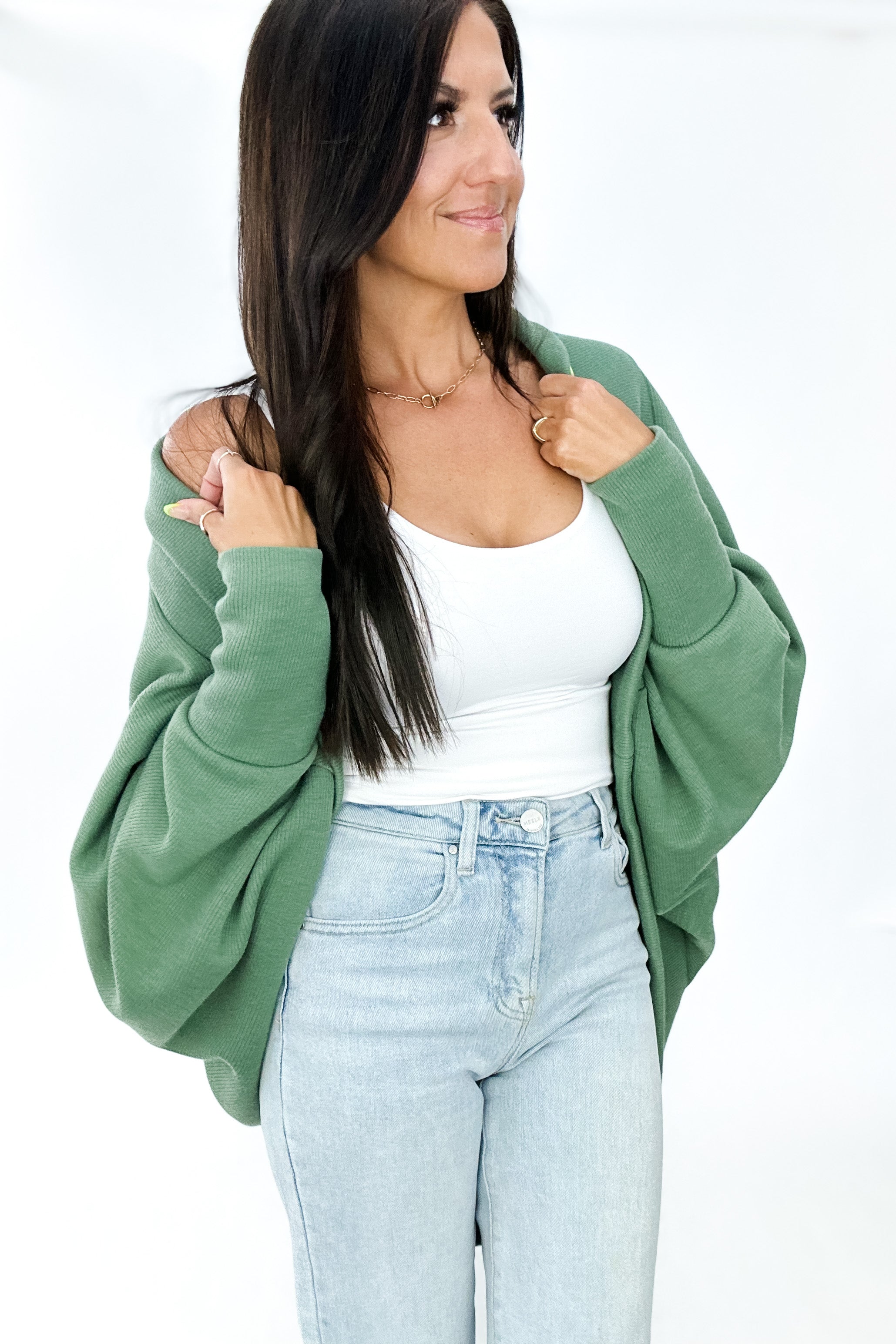 STILL STANDING DOLMAN CARDIGAN IN GREEN