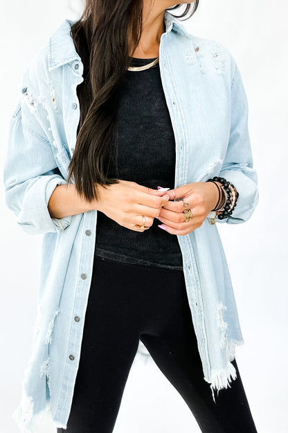 PERFECT TIMING DISTRESSED DENIM SHIRT JACKET IN LIGHTWASH