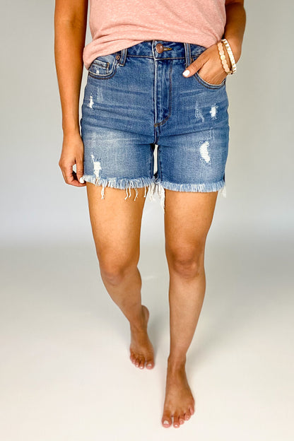 AVA HIGH RISE DISTRESSED SHORTS BY RISEN - FINAL SALE
